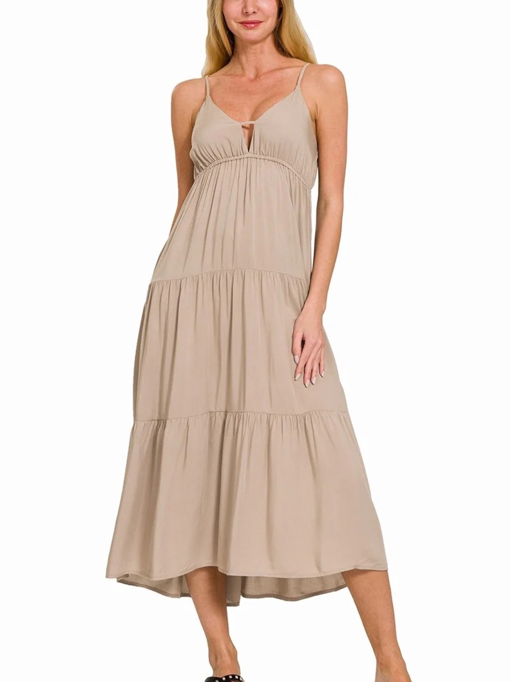 Beige Spaghetti-Strap Tiered Midi Dress